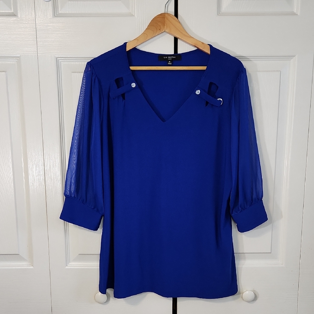Liz‎ McCoy Womens Blue V-Neck Sheer 3/4 Sleeve Blouse Size 1X Office Rhinestones